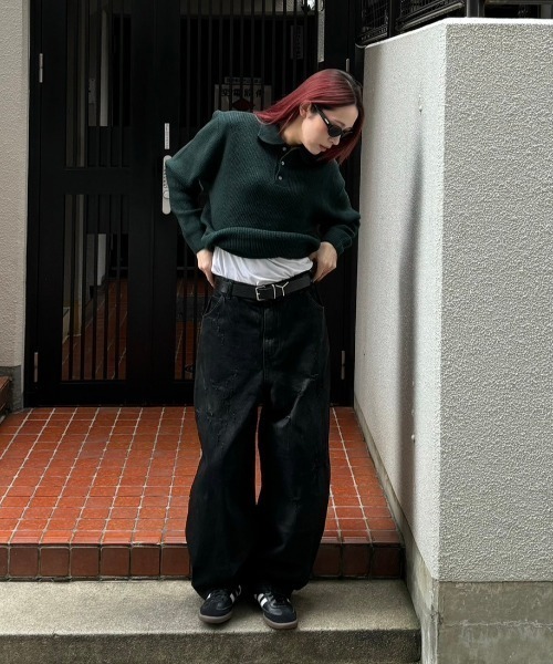 Chikashitsu +（チカシツプラス）の「【Chikashitsu +】wool touch lib knit polo / 【チカシツプラス】ウールタッチリブ長袖ニット（ポロシャツ・メンズ・ブラック/グリーン/ブラウン/チャコール・L）」の11枚目の写真