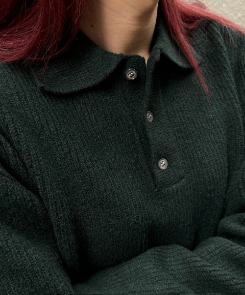 Chikashitsu +（チカシツプラス）の「【Chikashitsu +】wool touch lib knit polo / 【チカシツプラス】ウールタッチリブ長袖ニット（ポロシャツ・メンズ・ブラック/グリーン/ブラウン/チャコール・L）」の20枚目の写真