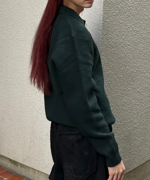 Chikashitsu +（チカシツプラス）の「【Chikashitsu +】wool touch lib knit polo / 【チカシツプラス】ウールタッチリブ長袖ニット（ポロシャツ・メンズ・ブラック/グリーン/ブラウン/チャコール・L）」の19枚目の写真