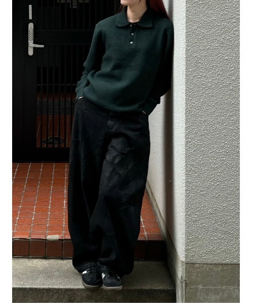 Chikashitsu +（チカシツプラス）の「【Chikashitsu +】wool touch lib knit polo / 【チカシツプラス】ウールタッチリブ長袖ニット（ポロシャツ・メンズ・ブラック/グリーン/ブラウン/チャコール・L）」の14枚目の写真