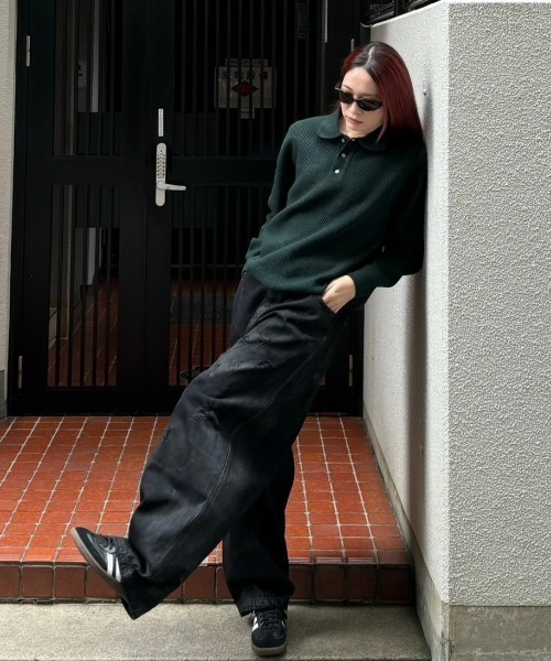 Chikashitsu +（チカシツプラス）の「【Chikashitsu +】wool touch lib knit polo / 【チカシツプラス】ウールタッチリブ長袖ニット（ポロシャツ・メンズ・ブラック/グリーン/ブラウン/チャコール・L）」の10枚目の写真