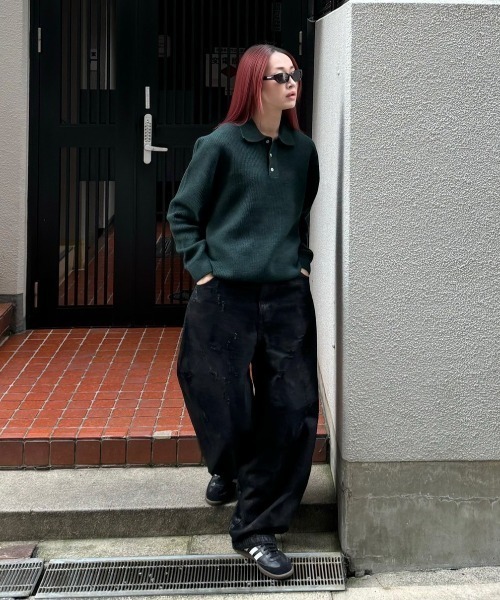 Chikashitsu +（チカシツプラス）の「【Chikashitsu +】wool touch lib knit polo / 【チカシツプラス】ウールタッチリブ長袖ニット（ポロシャツ・メンズ・ブラック/グリーン/ブラウン/チャコール・L）」の12枚目の写真