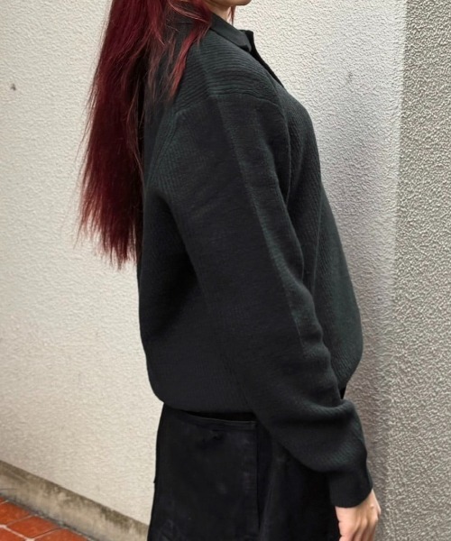 OUAT / ブラック リブ編み 長袖ニットポロシャツ OUAT / ブラック リブ編み 長袖ニットポロシャツ OUAT / ブラック リブ