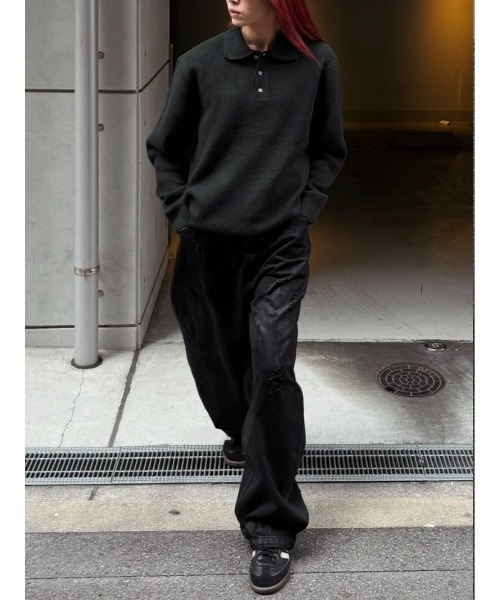 Chikashitsu +】wool touch lib knit polo / 【チカシツプラス】ウール