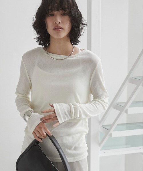 ボートネック 長袖 シアートップス（Tシャツ/カットソー