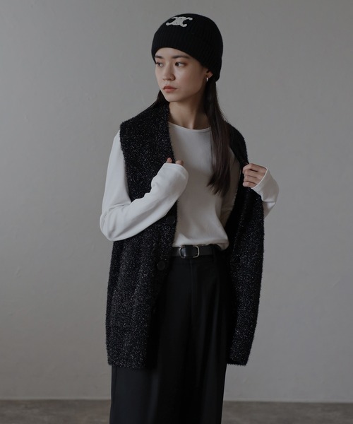 セール】glitter shaggy black button vest / ラメシャギー黒釦