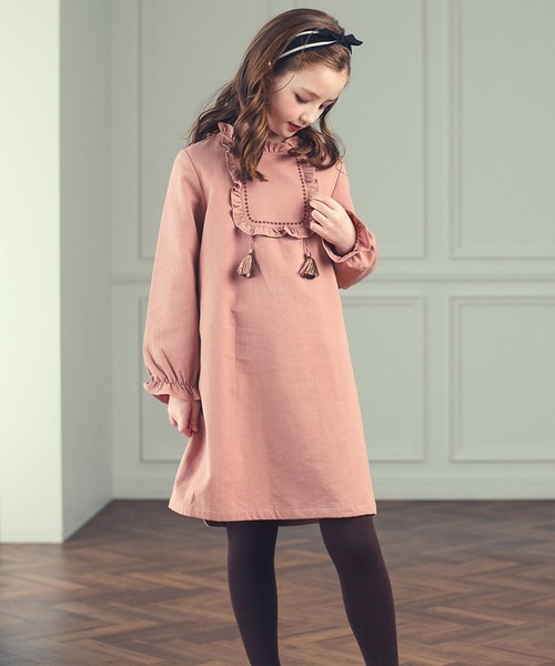 タッセル＆フリルサーモンピンクワンピース（ワンピース）｜DRESCCO