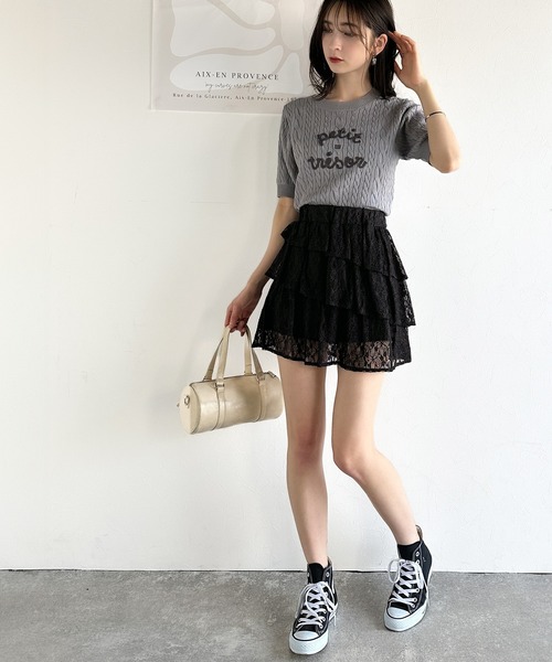 mily bilet（ミウィビレット）の「【mily bilet】夏 のマストハブ！ふんわりフリルが大人可愛い。レース使い3段ティアードスカパン（ミニ）（スカート・レディース・ブラック/ホワイト・X-LARGE/SMALL/MEDIUM/LARGE）」の11枚目の写真