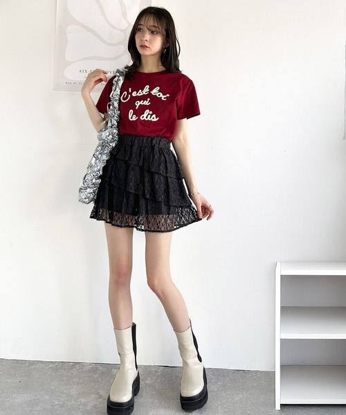 mily bilet（ミウィビレット）の「【mily bilet】夏 のマストハブ！ふんわりフリルが大人可愛い。レース使い3段ティアードスカパン（ミニ）（スカート・レディース・ブラック/ホワイト・X-LARGE/SMALL/MEDIUM/LARGE）」の13枚目の写真