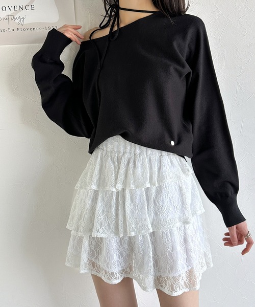 mily bilet（ミウィビレット）の「【mily bilet】夏 のマストハブ！ふんわりフリルが大人可愛い。レース使い3段ティアードスカパン（ミニ）（スカート・レディース・ブラック/ホワイト・X-LARGE/SMALL/MEDIUM/LARGE）」の4枚目の写真