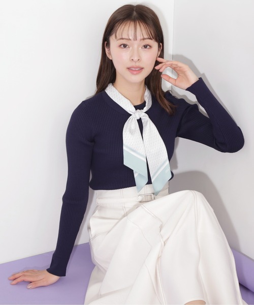 値下げ アトム フィギュア 約30cm チェック柄スカーフ付き セール】◇幾何チェック柄スカーフ付きリブニット（ニット/セーター
