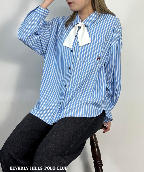 BEVERLY HILLS POLO CLUB（ビバリーヒルズポロクラブ）の「【BEVERLY HILLS POLO CLUB】ボウタイ付きビッグシャツ（シャツ/ブラウス・レディース・ブルー/オフホワイト/ベージュ・MEDIUM）」の6枚目の写真
