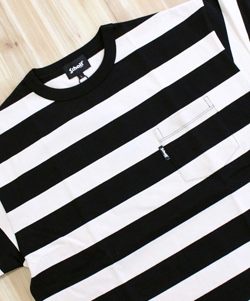 schott（ショット）の「WIDE BORDER POCKET T-SHIRT/ワイドボーダー ポケットTシャツ（Tシャツ/カットソー・メンズ・ブラック/グレー・M/L/XL/XXL）」の4枚目の写真