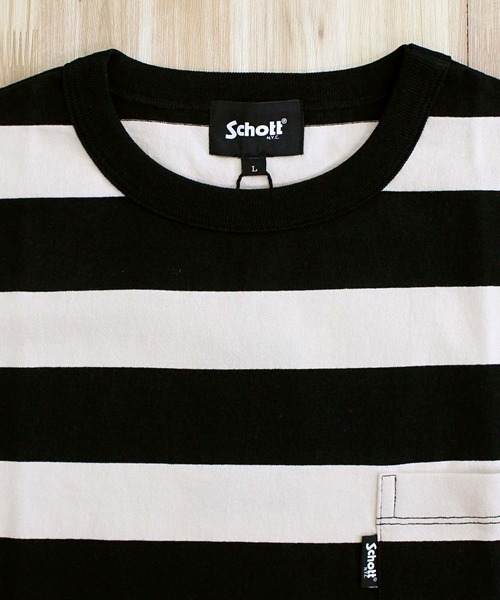 schott（ショット）の「WIDE BORDER POCKET T-SHIRT/ワイドボーダー ポケットTシャツ（Tシャツ/カットソー・メンズ・ブラック/グレー・M/L/XL/XXL）」の5枚目の写真