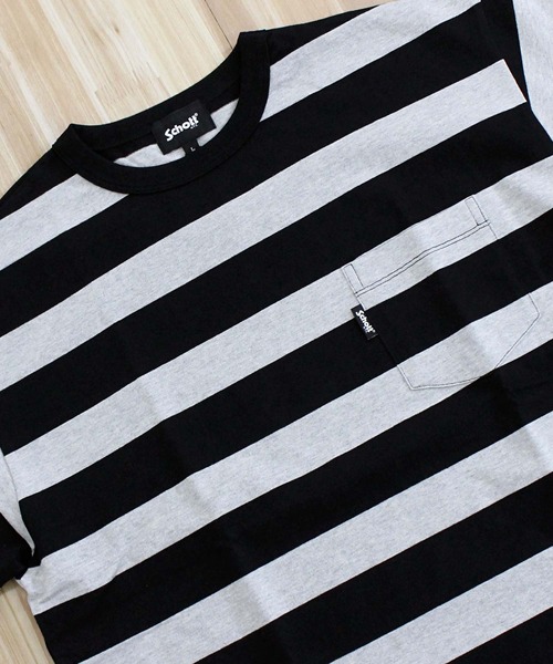 schott（ショット）の「WIDE BORDER POCKET T-SHIRT/ワイドボーダー ポケットTシャツ（Tシャツ/カットソー・メンズ・ブラック/グレー・M/L/XL/XXL）」の11枚目の写真