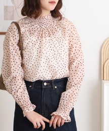 Anna Nicola シアードットハイネック長袖ブラウス