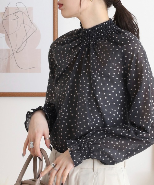 Anna Nicola(アンナニコラ)の「Anna Nicola シアードットハイネック長袖ブラウス(シャツ/ブラウス・レディース・ブラック/サックスブルー/オフホワイト/ベージュ・38)」の14枚目の写真
