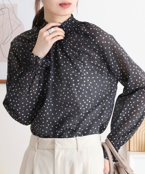 Anna Nicola(アンナニコラ)の「Anna Nicola シアードットハイネック長袖ブラウス(シャツ/ブラウス・レディース・ブラック/サックスブルー/オフホワイト/ベージュ・38)」の15枚目の写真