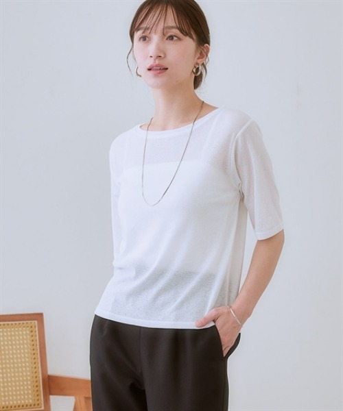 nissen(ニッセン)の「スラブシアー5分袖コンパクトTシャツ(Tシャツ/カットソー・レディース・モカ/ブラック/ライトベージュ/オフホワイト/ブルー・LL/3L/S/M/L)」の2枚目の写真