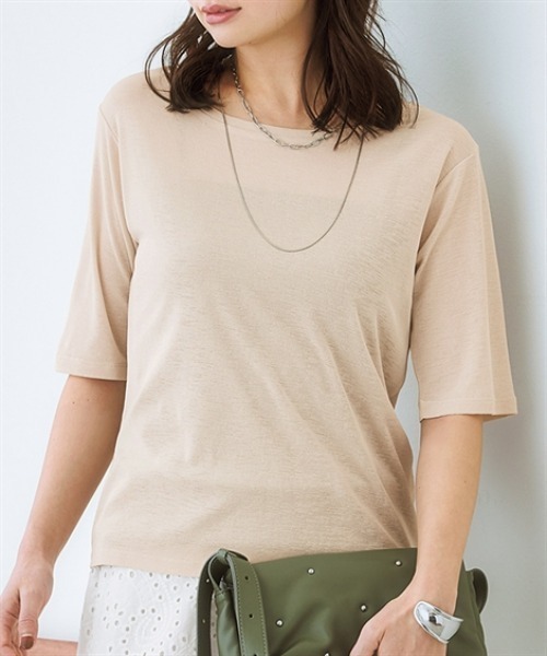 nissen(ニッセン)の「スラブシアー5分袖コンパクトTシャツ(Tシャツ/カットソー・レディース・モカ/ブラック/ライトベージュ/オフホワイト/ブルー・LL/3L/S/M/L)」の4枚目の写真