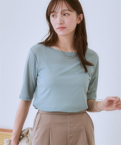 nissen(ニッセン)の「スラブシアー5分袖コンパクトTシャツ(Tシャツ/カットソー・レディース・モカ/ブラック/ライトベージュ/オフホワイト/ブルー・LL/3L/S/M/L)」の5枚目の写真