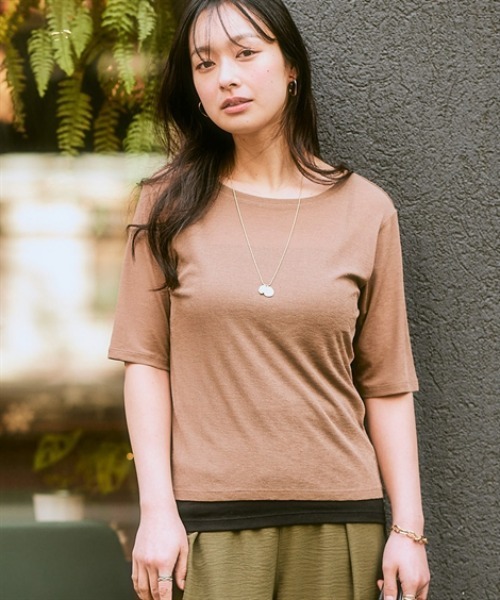 nissen(ニッセン)の「スラブシアー5分袖コンパクトTシャツ(Tシャツ/カットソー・レディース・モカ/ブラック/ライトベージュ/オフホワイト/ブルー・LL/3L/S/M/L)」の3枚目の写真