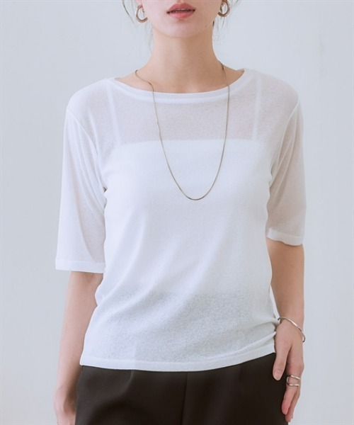 nissen(ニッセン)の「スラブシアー5分袖コンパクトTシャツ(Tシャツ/カットソー・レディース・モカ/ブラック/ライトベージュ/オフホワイト/ブルー・LL/3L/S/M/L)」の9枚目の写真