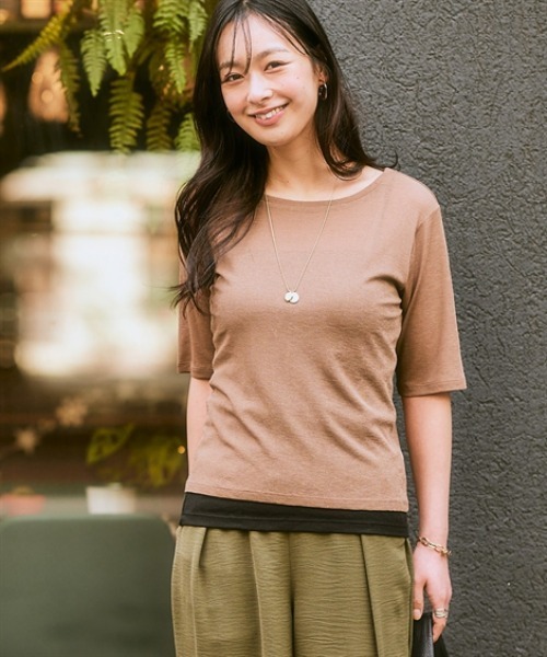 nissen(ニッセン)の「スラブシアー5分袖コンパクトTシャツ(Tシャツ/カットソー・レディース・モカ/ブラック/ライトベージュ/オフホワイト/ブルー・LL/3L/S/M/L)」の14枚目の写真