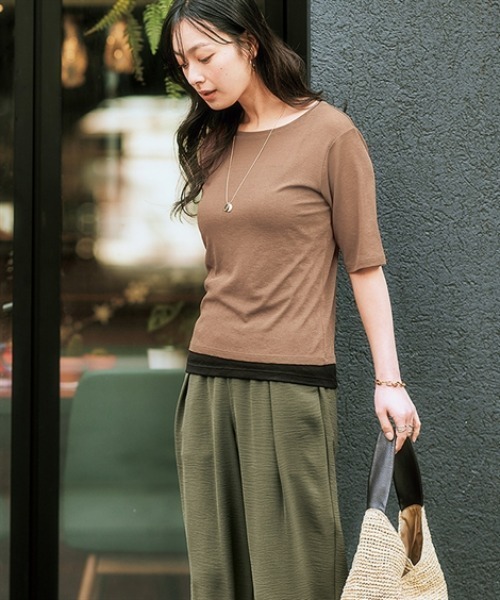 nissen(ニッセン)の「スラブシアー5分袖コンパクトTシャツ(Tシャツ/カットソー・レディース・モカ/ブラック/ライトベージュ/オフホワイト/ブルー・LL/3L/S/M/L)」の15枚目の写真