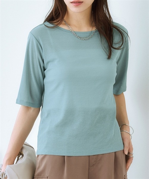 nissen(ニッセン)の「スラブシアー5分袖コンパクトTシャツ(Tシャツ/カットソー・レディース・モカ/ブラック/ライトベージュ/オフホワイト/ブルー・LL/3L/S/M/L)」の21枚目の写真