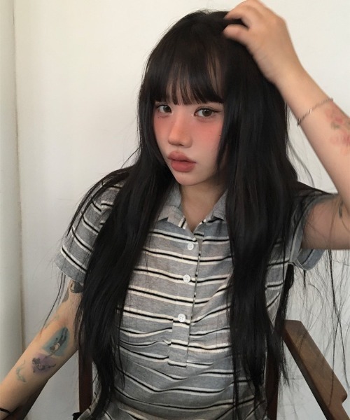 ボーダー柄シャーリング襟付き半袖Tシャツ（ポロシャツ
