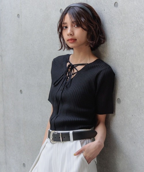 PAGEBOY（ページボーイ）の「2WAYレースアップニット (半袖)（ニット/セーター・レディース・コーラル/オフホワイト/ブラック/ネイビー・FREE）」の15枚目の写真