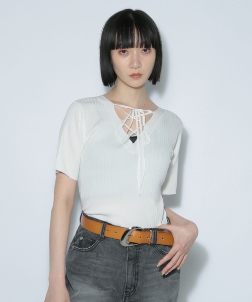 PAGEBOY（ページボーイ）の「2WAYレースアップニット (半袖)（ニット/セーター・レディース・コーラル/オフホワイト/ブラック/ネイビー・FREE）」の21枚目の写真