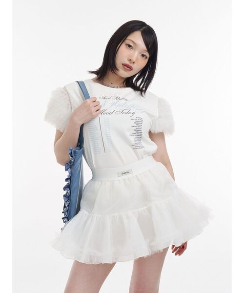jouetie♡チュールフリンジトップス セール】フリルチュールドッキングTシャツ（Tシャツ/カットソー