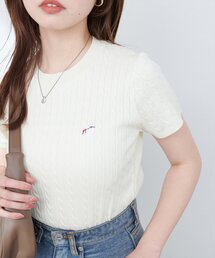 アニマル刺繍ケーブル半袖ニット