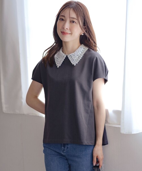 組曲 L(クミキョク オオキイサイズ)の「レース襟フレンチテリー カットソー(Tシャツ/カットソー・レディース・ブラック系/グレー系/ホワイト系・5/6/7)」の3枚目の写真