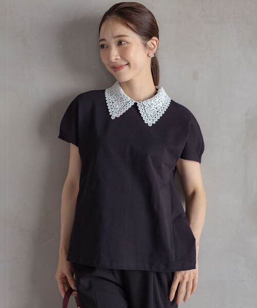 組曲 L(クミキョク オオキイサイズ)の「レース襟フレンチテリー カットソー(Tシャツ/カットソー・レディース・ブラック系/グレー系/ホワイト系・5/6/7)」の8枚目の写真