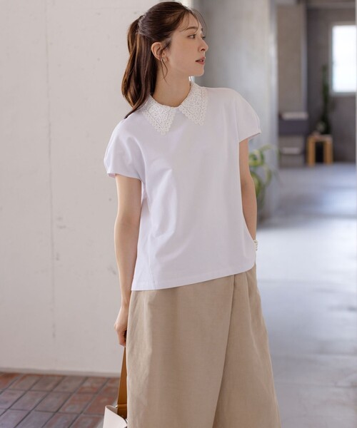 組曲 L(クミキョク オオキイサイズ)の「レース襟フレンチテリー カットソー(Tシャツ/カットソー・レディース・ブラック系/グレー系/ホワイト系・5/6/7)」の19枚目の写真