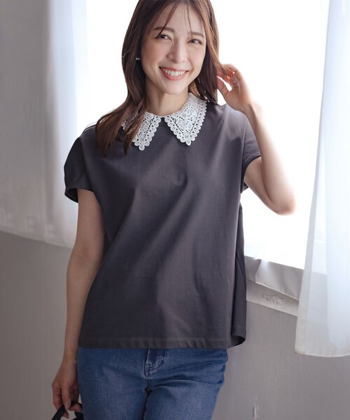 組曲 L(クミキョク オオキイサイズ)の「レース襟フレンチテリー カットソー(Tシャツ/カットソー・レディース・ブラック系/グレー系/ホワイト系・5/6/7)」の21枚目の写真