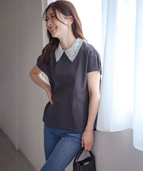 組曲 L(クミキョク オオキイサイズ)の「レース襟フレンチテリー カットソー(Tシャツ/カットソー・レディース・ブラック系/グレー系/ホワイト系・5/6/7)」の22枚目の写真