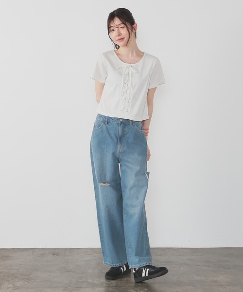 tシャツ レースアップデニムトップス レディース メロウレースアップトップス（Tシャツ/カットソー）｜Girly Doll