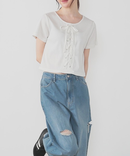 tシャツ レースアップデニムトップス レディース メロウレースアップトップス（Tシャツ/カットソー）｜Girly Doll