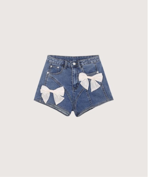LA POMME petit(ラポミ・プチ)の「Ribbon Denim Short Pants(デニムパンツ・レディース・アイボリー/ブルー・SMALL/LARGE/MEDIUM)」の1枚目の写真