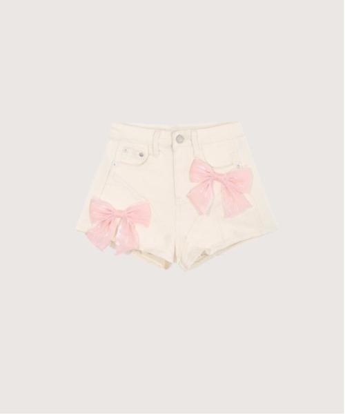 LA POMME petit(ラポミ・プチ)の「Ribbon Denim Short Pants(デニムパンツ・レディース・アイボリー/ブルー・SMALL/LARGE/MEDIUM)」の2枚目の写真