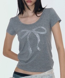 A'GEM/9 × .kom 『PLACE STUDIO/プレイススタジオ』 Pure Glitter Ribbon Graphic Short Sleeve U-Neck Short Sleeve T-shirt/U ネック 半袖Tシャツ