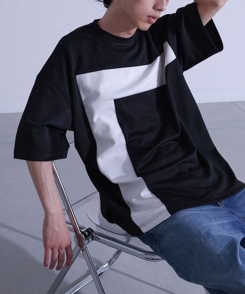 MDR(エムディアール)の「ポンチ配色切替ビッグTシャツ(Tシャツ/カットソー・メンズ・ブラック/オフホワイト・L/M)」の1枚目の写真