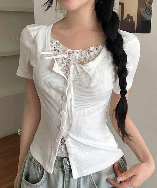 WESTSEA(ウエストシー)の「リボン レース 半袖トップス(Tシャツ/カットソー・レディース・ホワイト/グレー・M/L)」の1枚目の写真