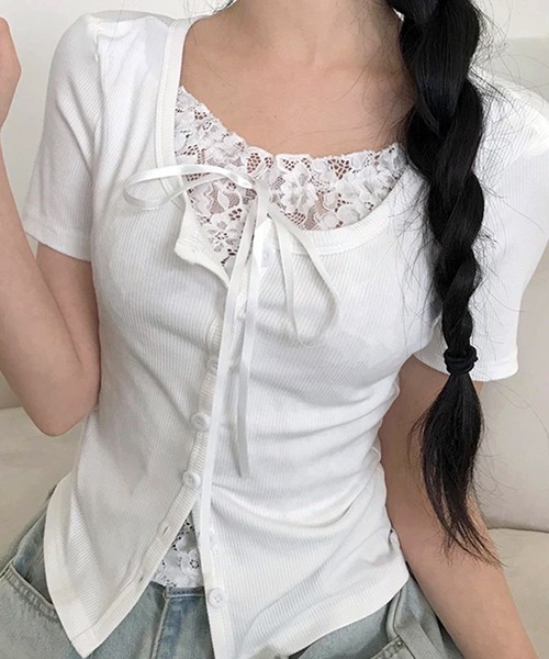 WESTSEA(ウエストシー)の「リボン レース 半袖トップス(Tシャツ/カットソー・レディース・ホワイト/グレー・M/L)」の6枚目の写真