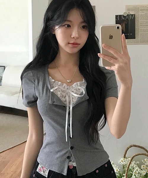 WESTSEA(ウエストシー)の「リボン レース 半袖トップス(Tシャツ/カットソー・レディース・ホワイト/グレー・M/L)」の7枚目の写真