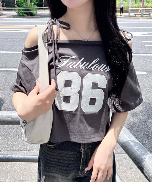 INGNI（イング）の「オフショル肩リボンナンバリングTシャツ（Tシャツ/カットソー・レディース・オフホワイト/グレー/スミクロ/カモフラージュ・M）」の13枚目の写真